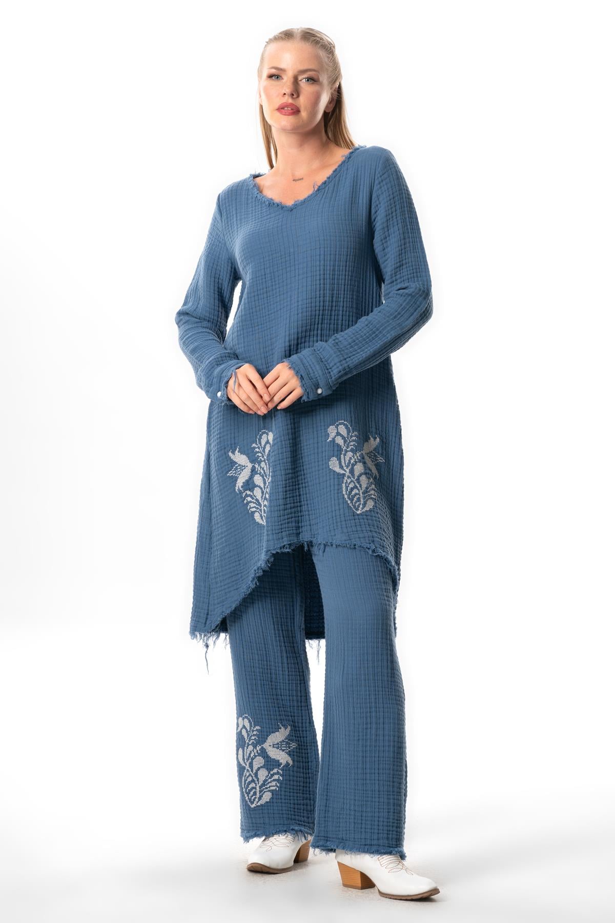 Long Sleeve Filiz V Neck Fall Winter Asymmetrical Cut Embroidered Double Muslin Tunic İndigo