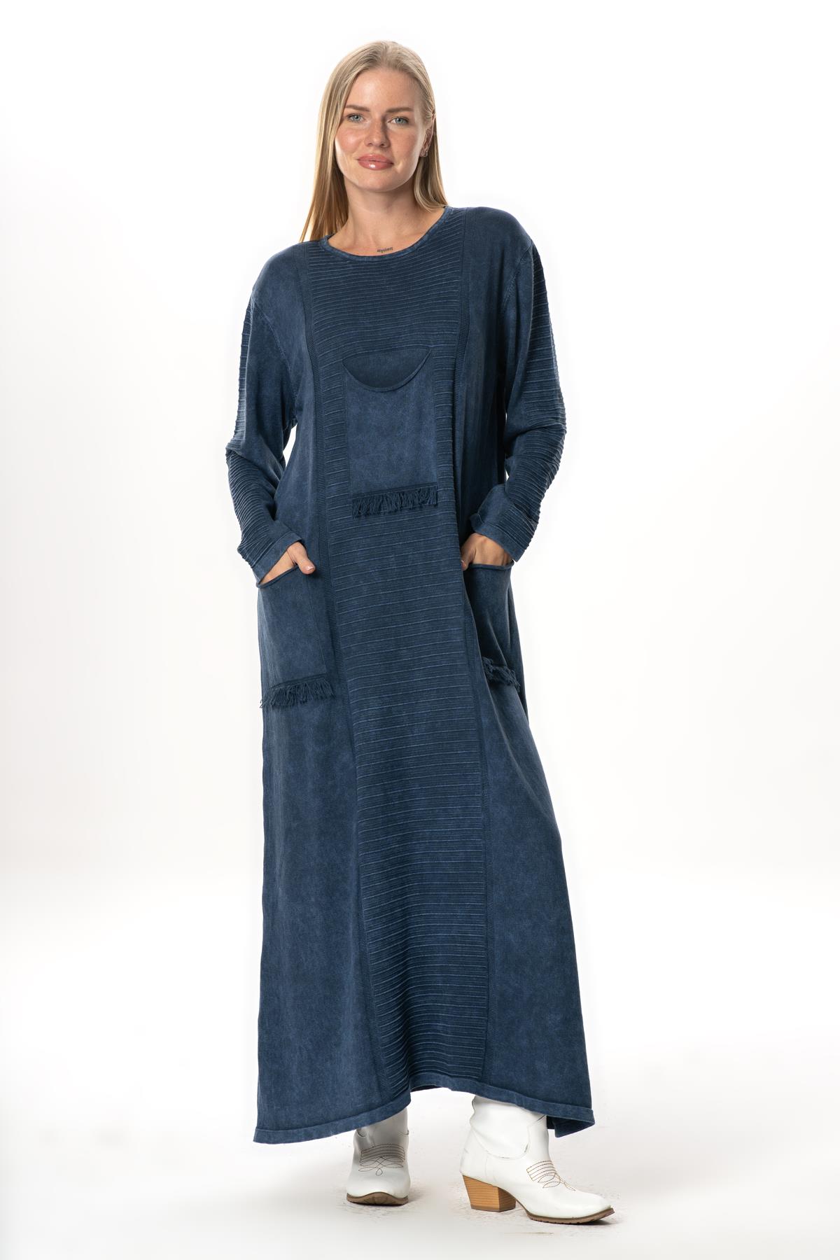 Uzun Kol Gamze Cep Detaylı Sonbahar ve Kışlık Uzun Triko Elbise İndigo indg