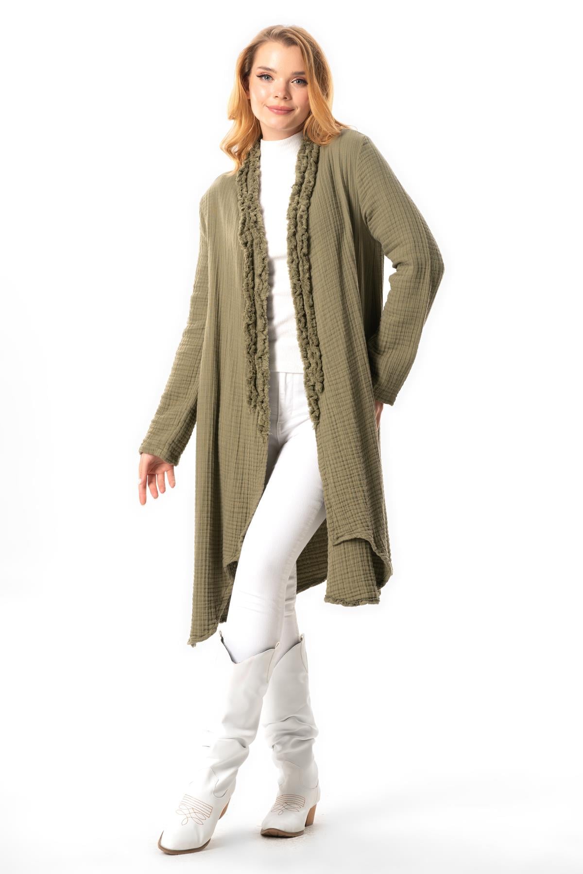 Long Sleeve Gizem Autumn and Winter Asymmetric Cut Double Muslin Jacket Khaki