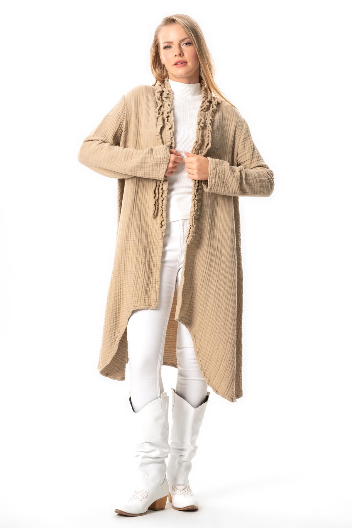 Long Sleeve Gizem Autumn and Winter Asymmetric Cut Double Muslin Jacket Mink