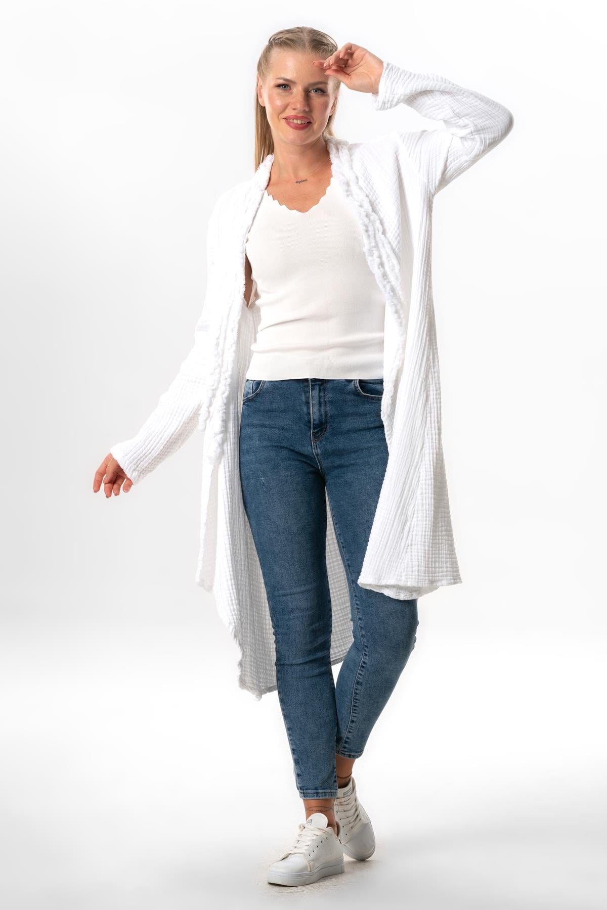 Long Sleeve Gizem Autumn and Winter Asymmetric Cut Double Muslin Jacket White