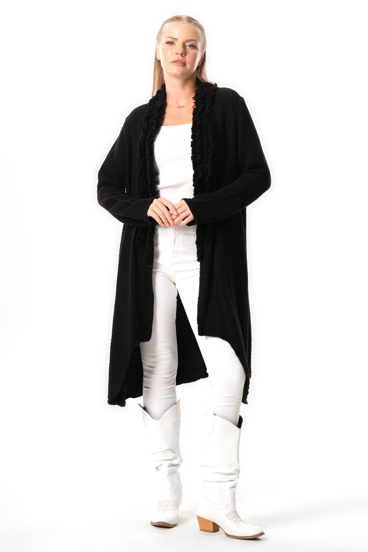 Long Sleeve Gizem Autumn and Winter Asymmetric Cut Double Muslin Jacket Black