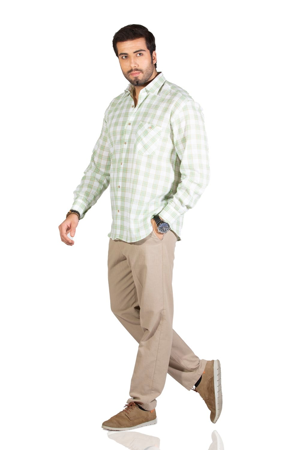 Long Sleeve Sile Fabric Men Shirt Green Scotch Plaid