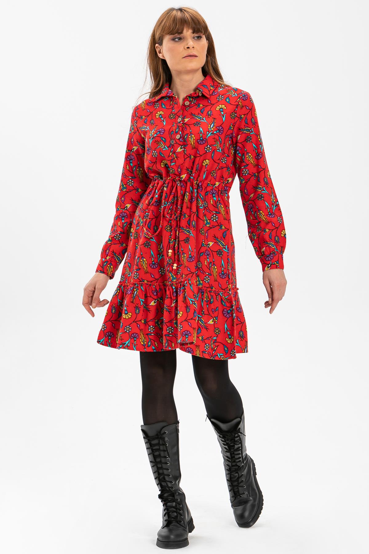 Long Sleeve Flannel Gülçin Short Dress Tile Pattern Red
