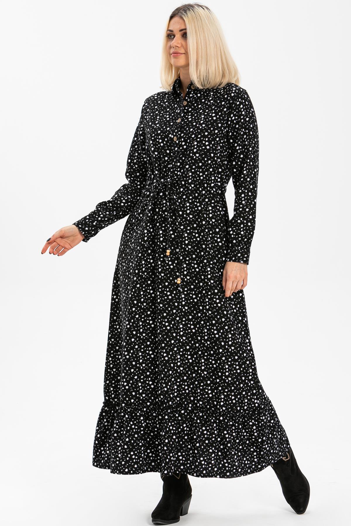 Long Sleeve Flannel Fabric Gülçin Long Dress Crispy Pattern White