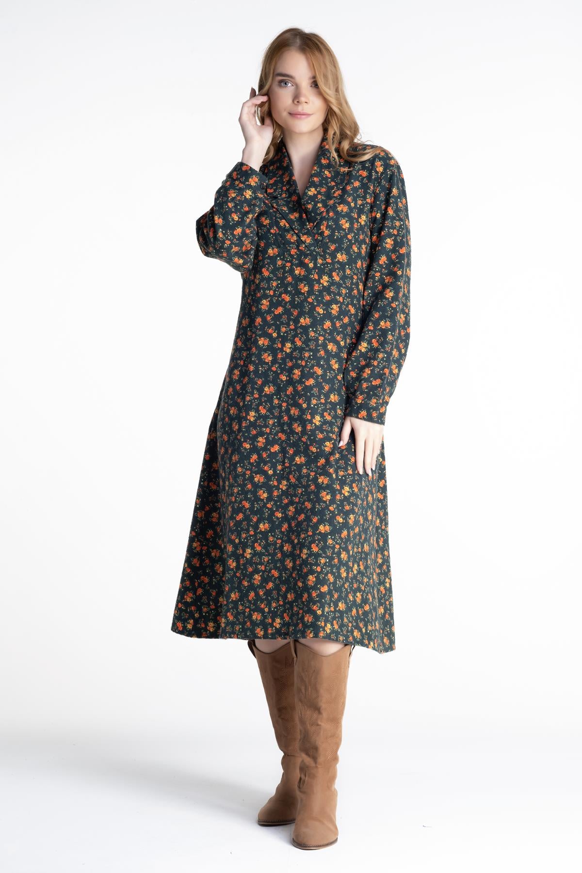 Long Sleeve Gülendam Flannel Midi Length Shirt Collar Floral Pattern Autumn and Winter Dress Green