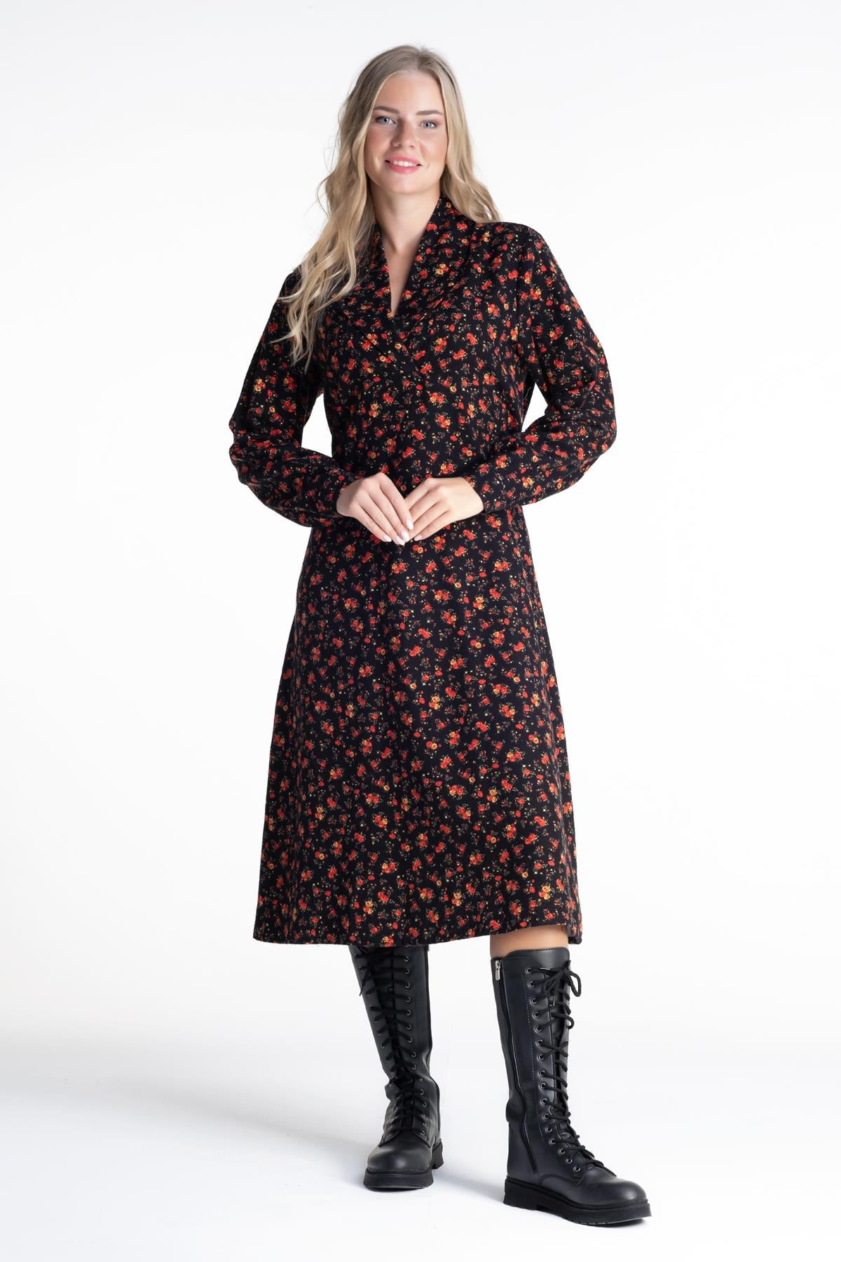 Long Sleeve Gülendam Flannel Midi Length Shirt Collar Floral Pattern Autumn and Winter Dress Black