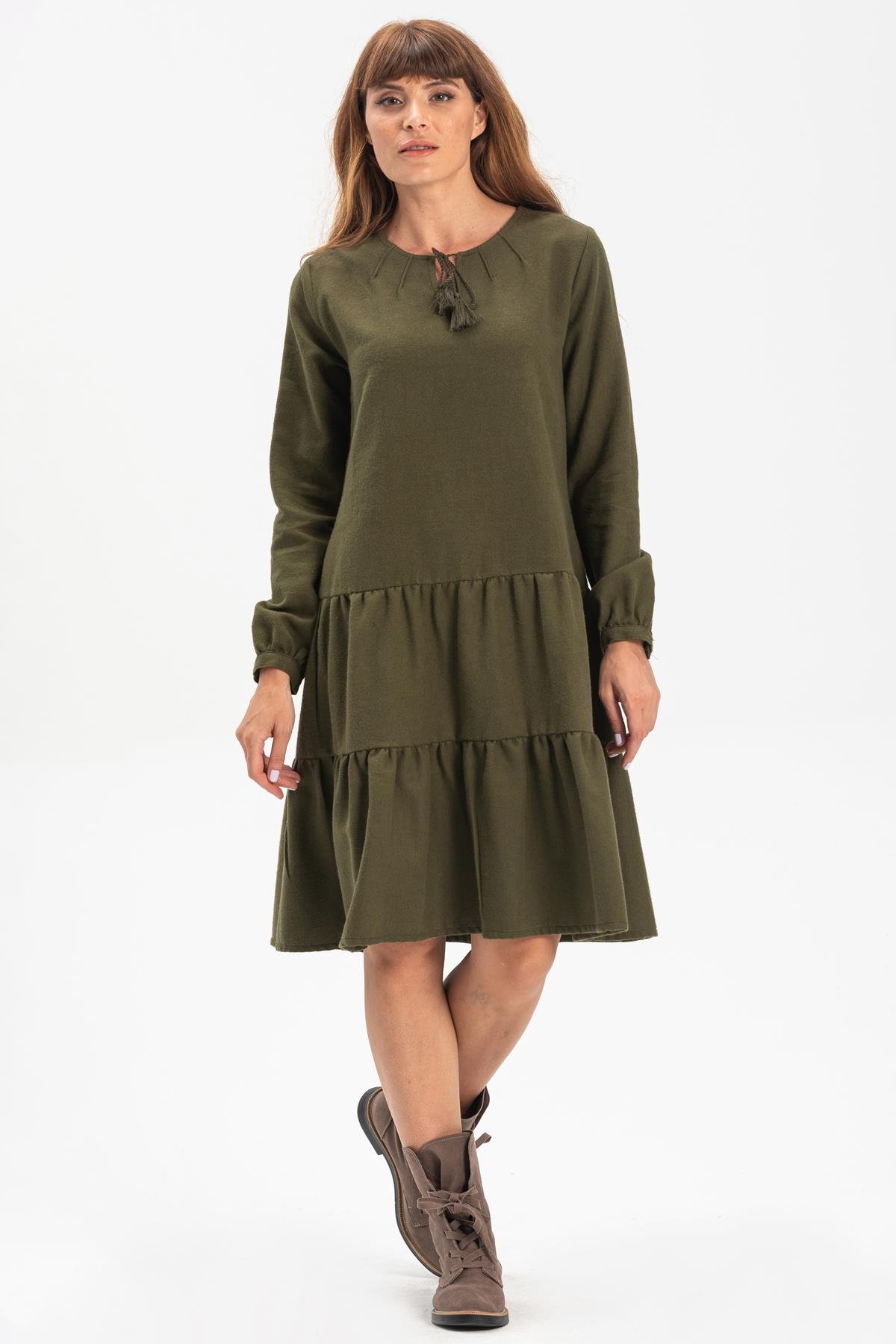 Uzun Kol Güliş Pazen Kısa Sonbahar ve Kışlık Elbise Haki Hk