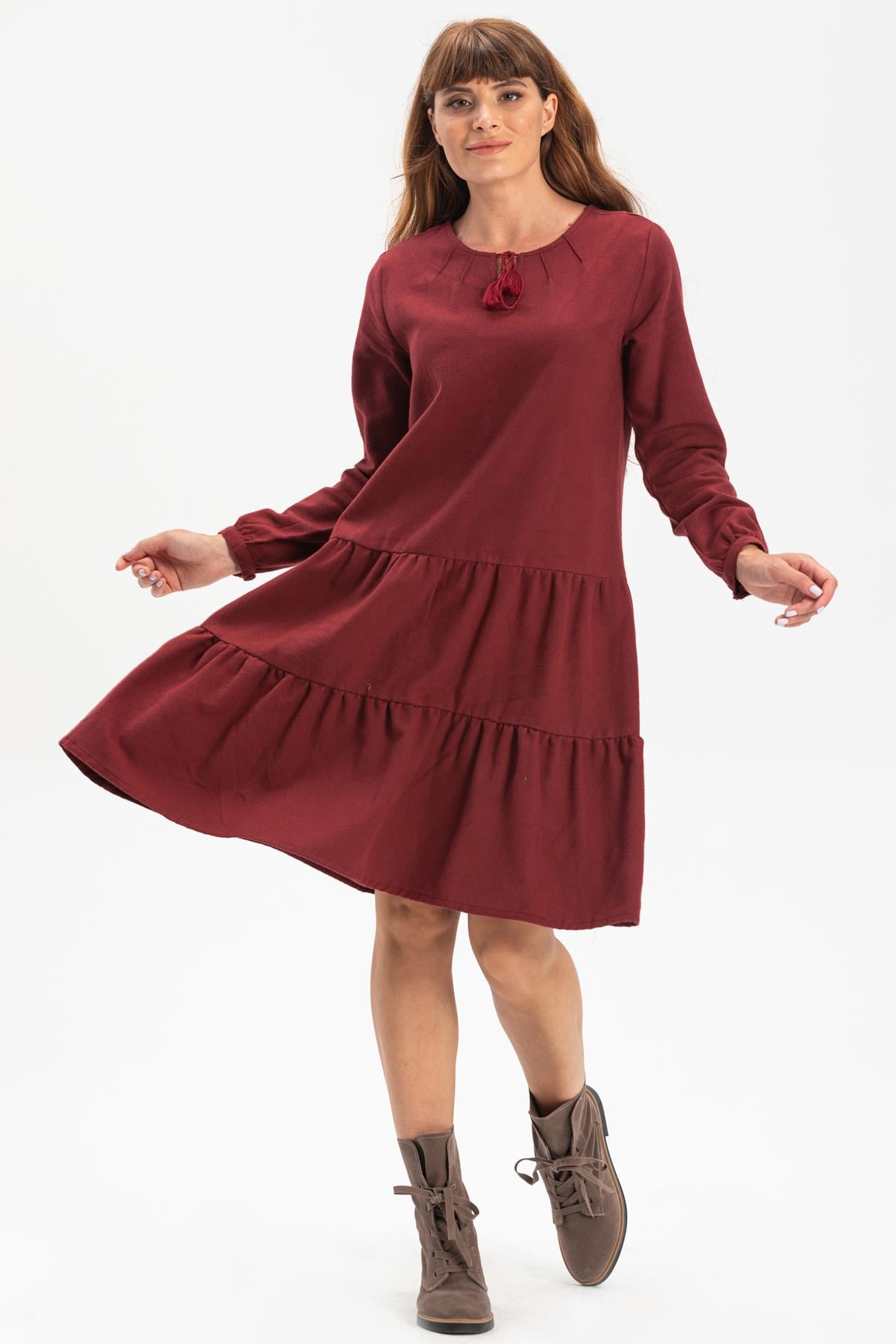 Long Sleeve Flannel Güliş Short Dress Claret Red