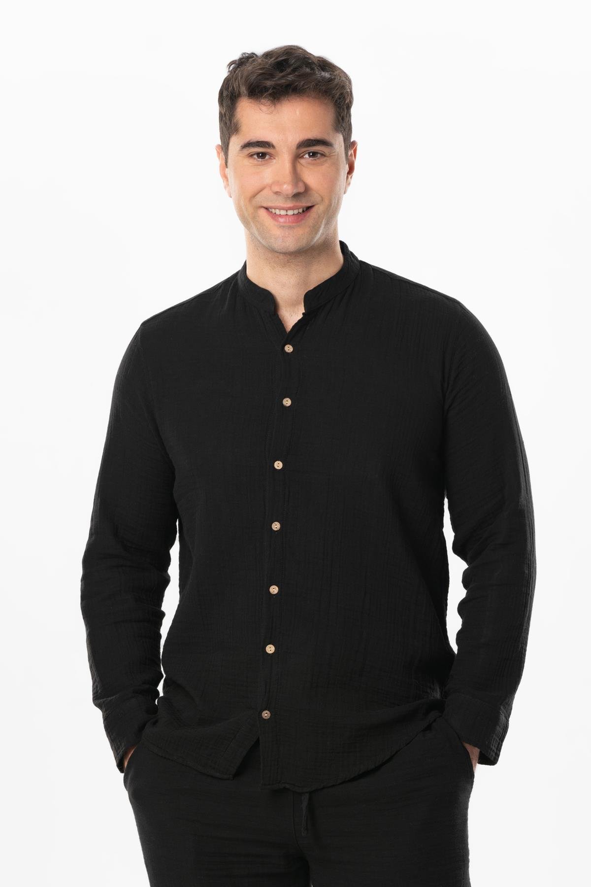 Long Sleeve Crew Neck Summer Muslin Shirt Black