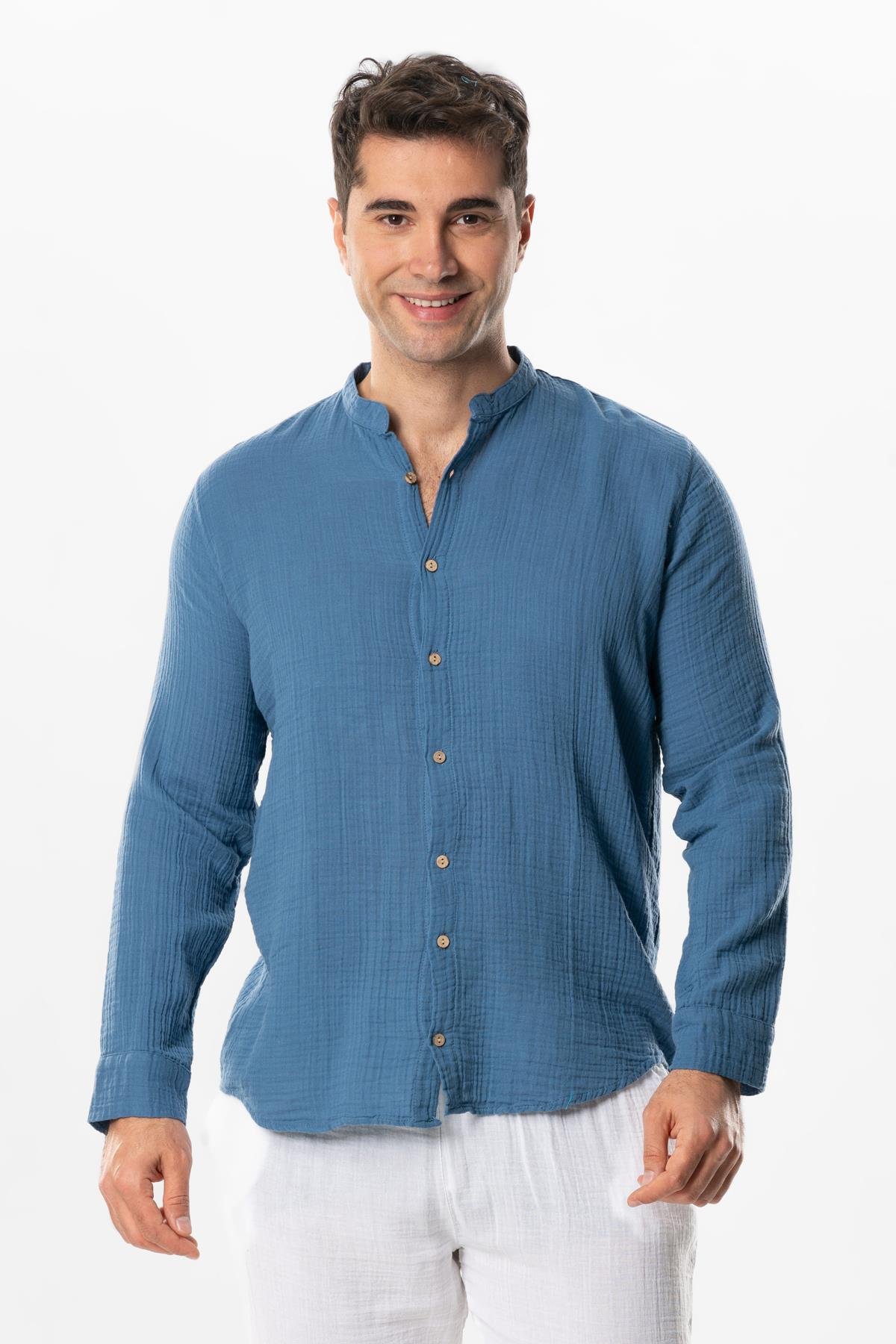 Long Sleeve Crew Neck Summer Muslin Shirt Indigo