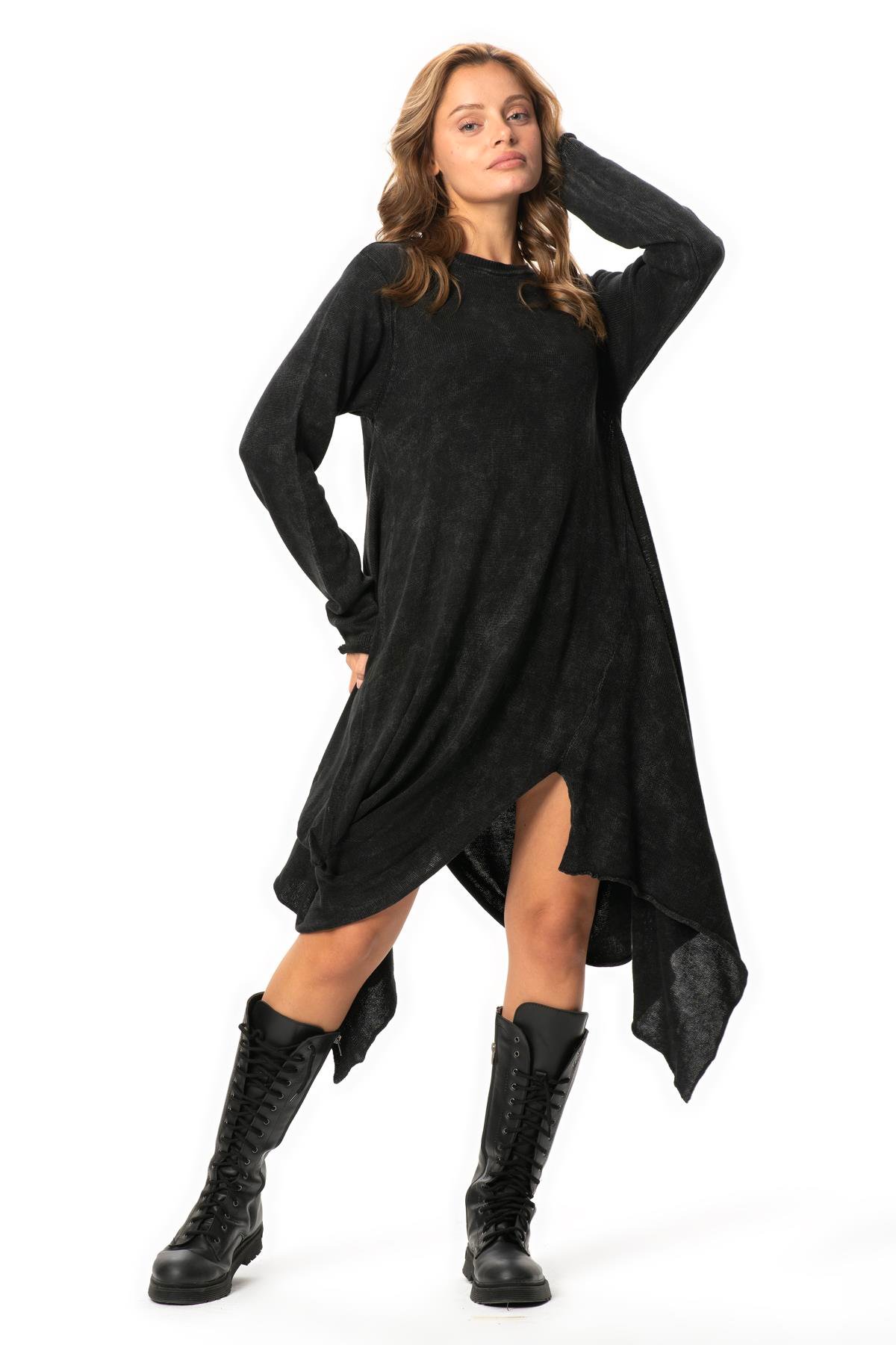 Uzun Kol Handan Asimetrik Kesim Sonbahar ve Kışlık Dökümlü Midi Boy Triko Elbise Füme Fm