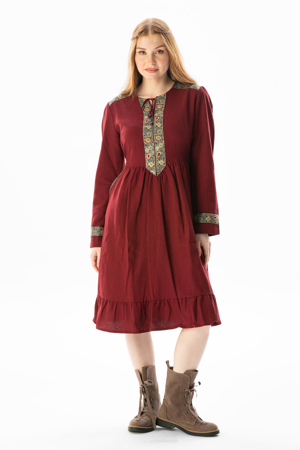 Long Sleeve Haseki Flannel Tie Detailed Short Autumn and Winter Dress Claret Red