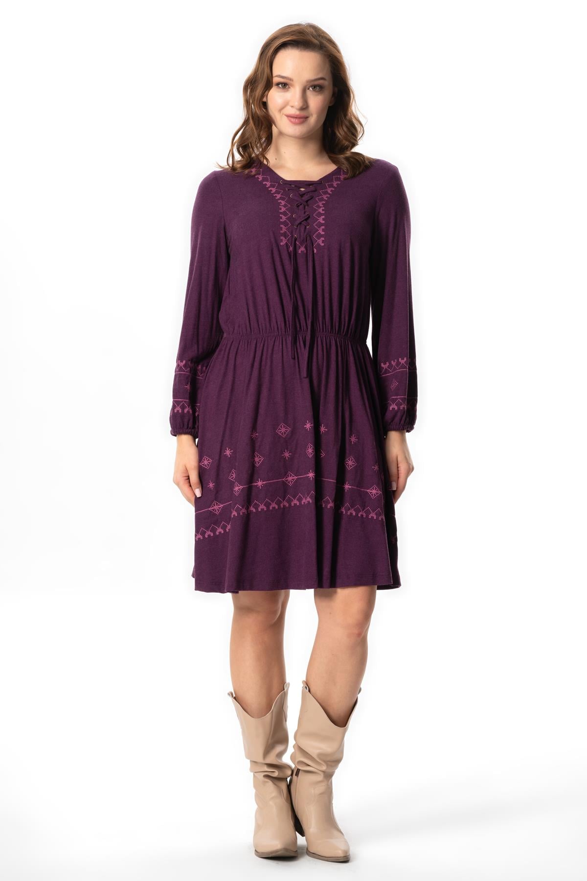 Long Sleeve Hayat Fall and Winter Authentic Short Combed Viscose Dress Mürdüm