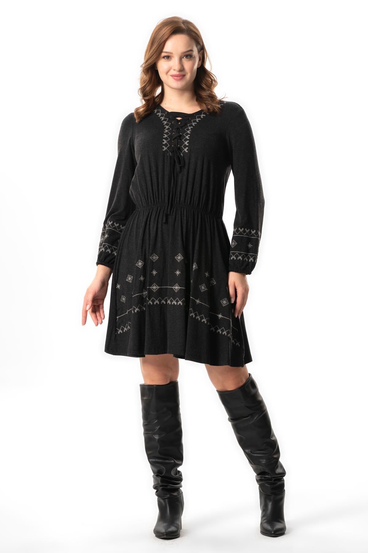 Long Sleeve Hayat Fall and Winter Authentic Short Combed Viscose Dress Gray