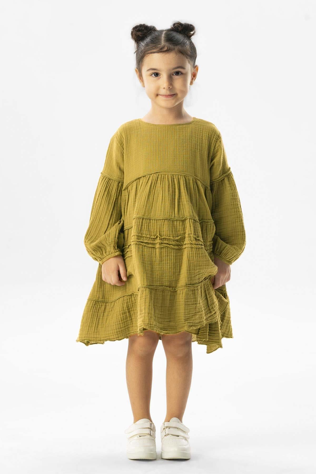 Long Sleeve İlay Summer Muslin Kids Dress Oil Green