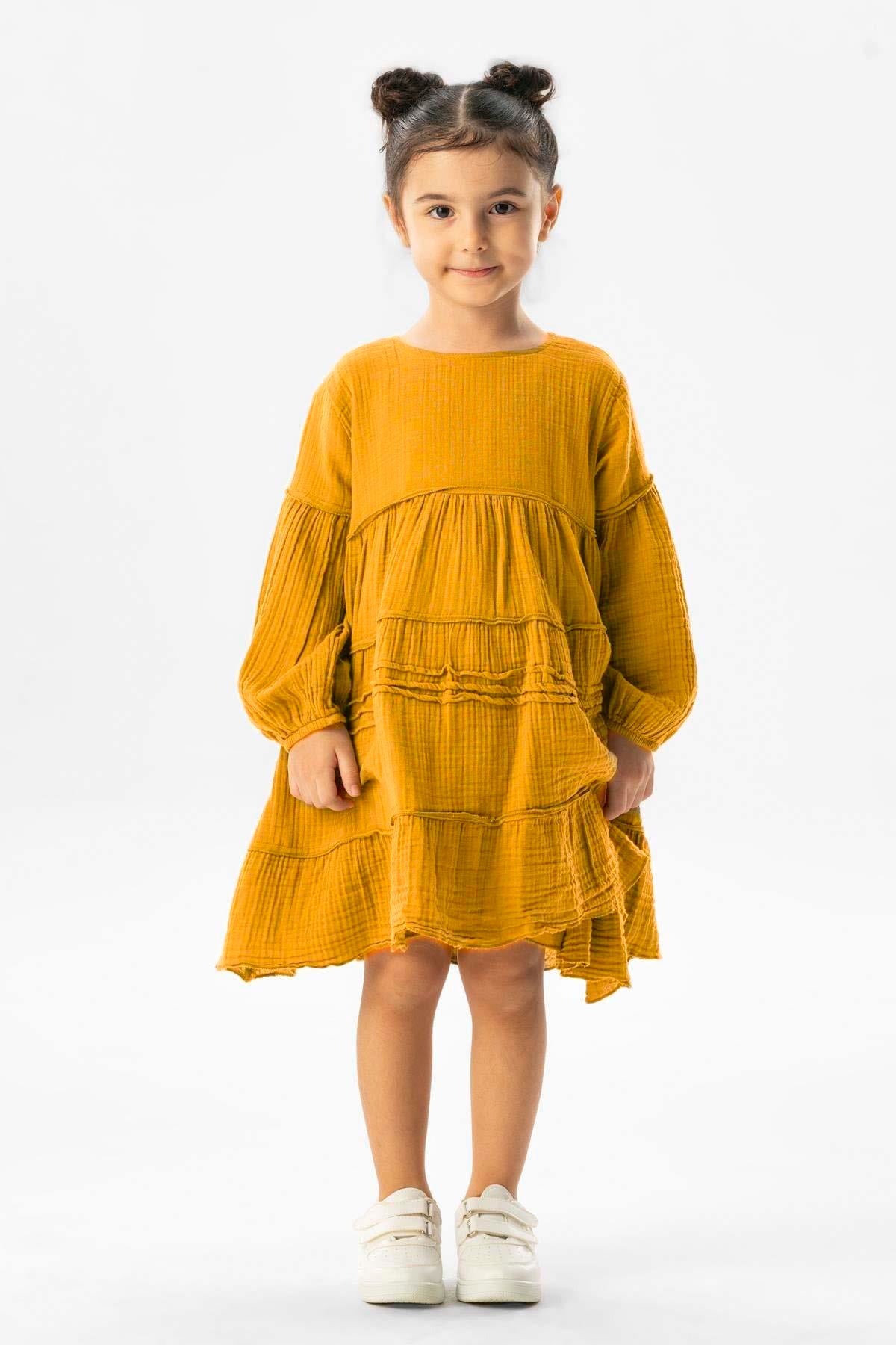 Long Sleeve İlay Summer Muslin Kids Dress Mustard