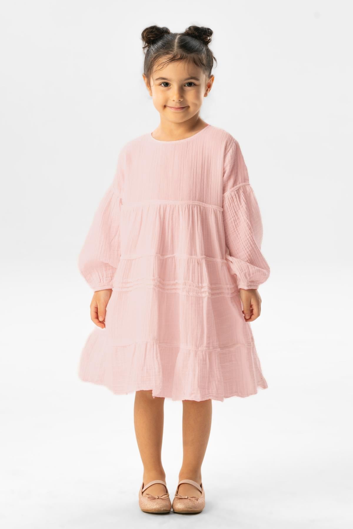 Long Sleeve İlay Summer Muslin Kids Dress Powder