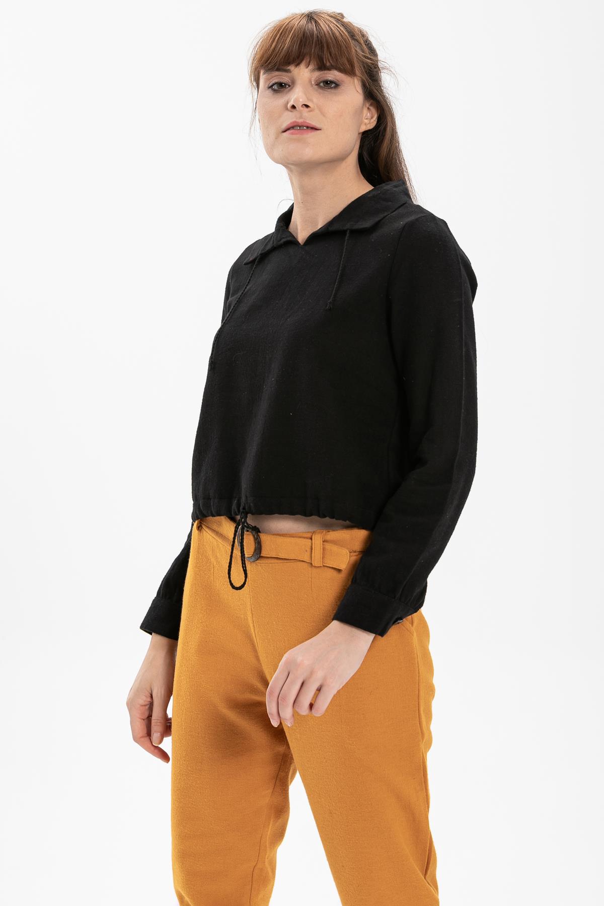 Long Sleeve Flannel Fabric Ilayda Blouse Black
