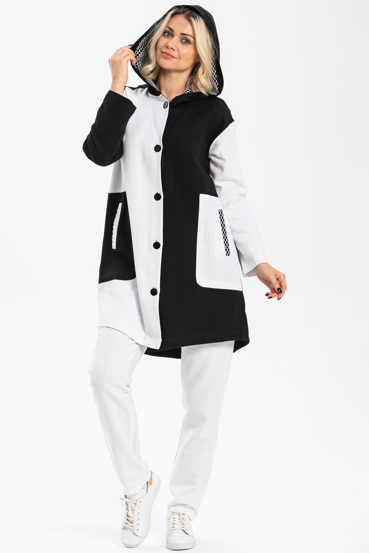 Uzun Kol Kapüşonlu Hayal Baskılı Pazen Sonbahar ve Kışlık Ceket Beyaz Byz