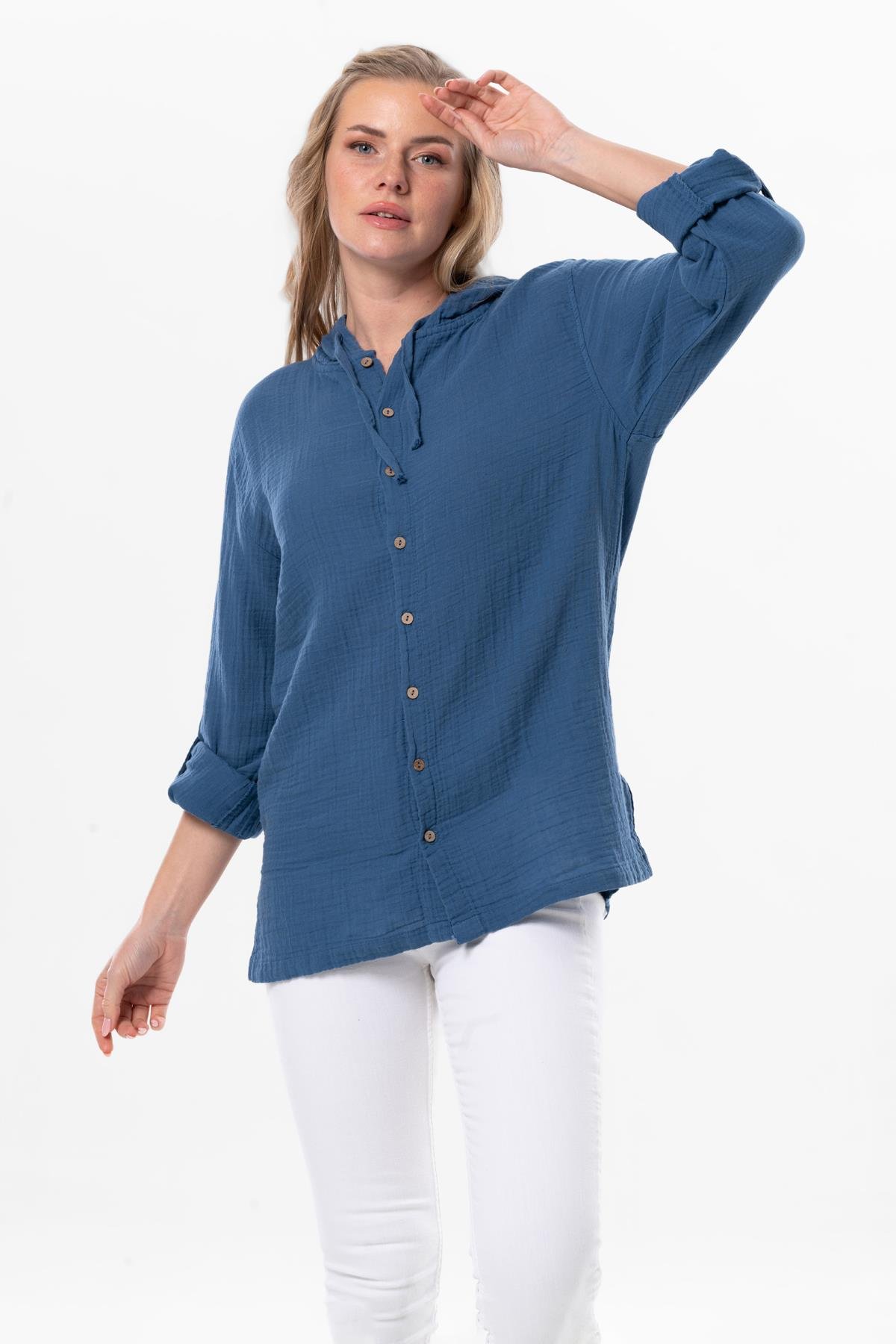 Uzun Kol Kapüşonlu Yazlık Müslin Sweatshirt İndigo indg