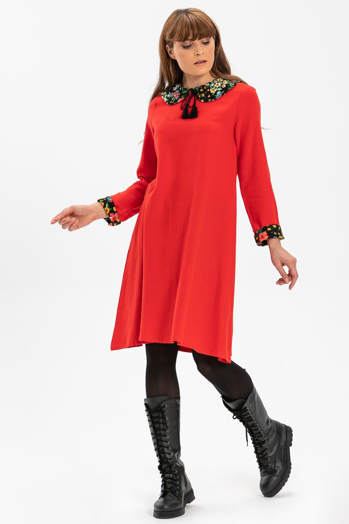 Long Sleeve Flannel Kardelen Short Dress Red