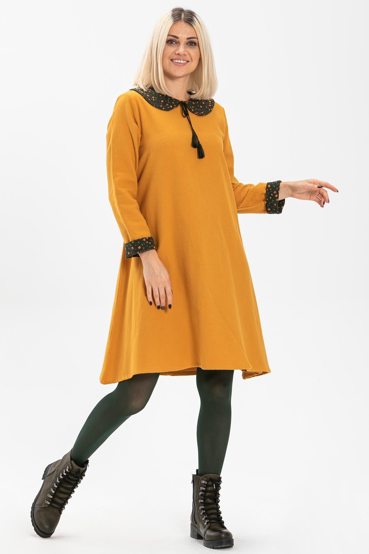 Long Sleeve Flannel Kardelen Short Dress Mustard