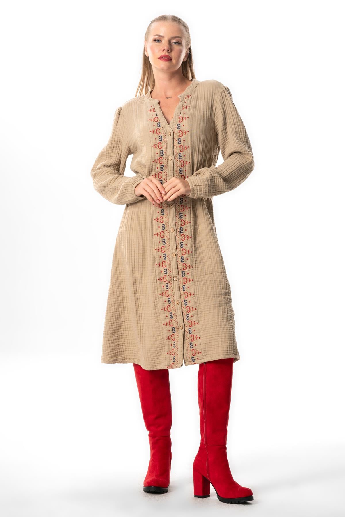 Long Sleeve Kıvılcım V Neck Fall and Winter Embroidery Detailed Short Double Muslin Dress Mink