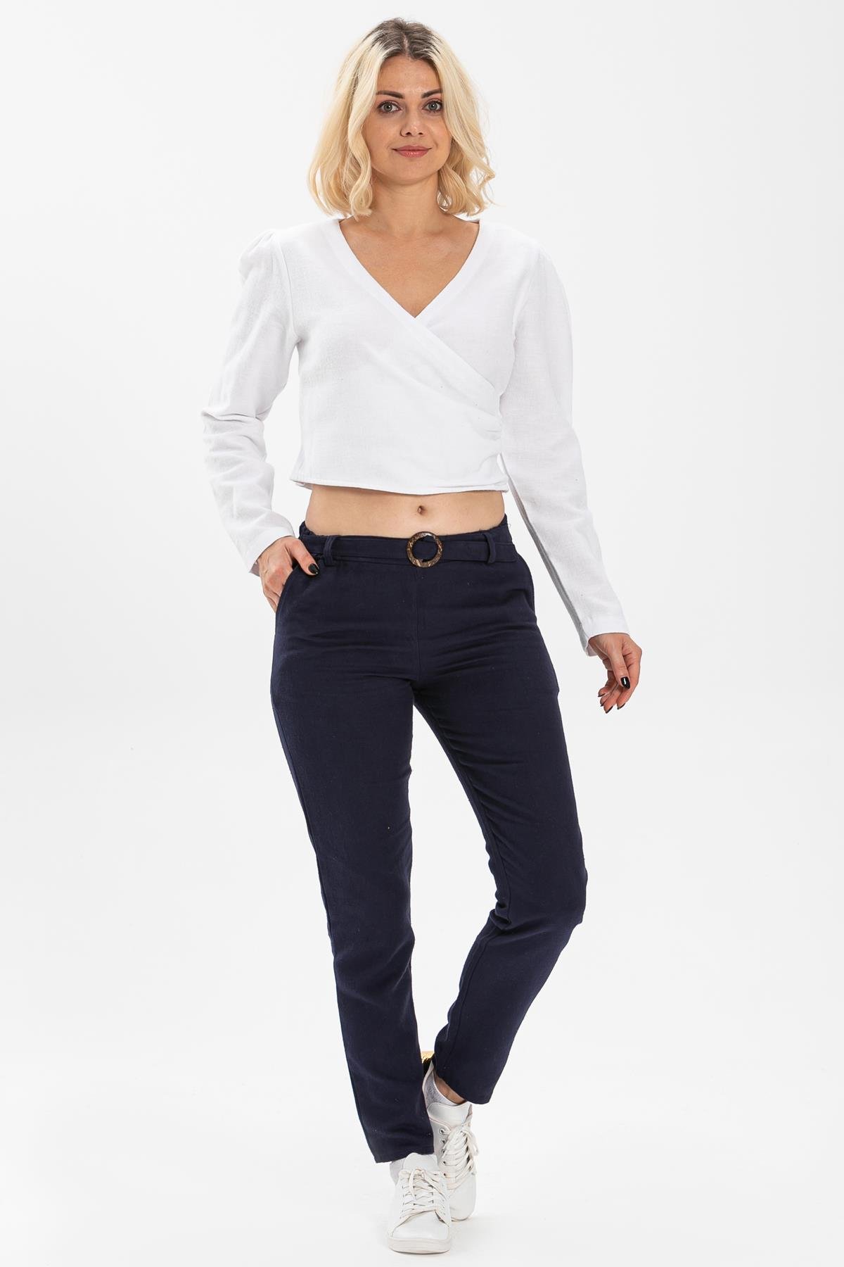 Uzun Kol Kruvaze Pazen Bluz Beyaz Byz