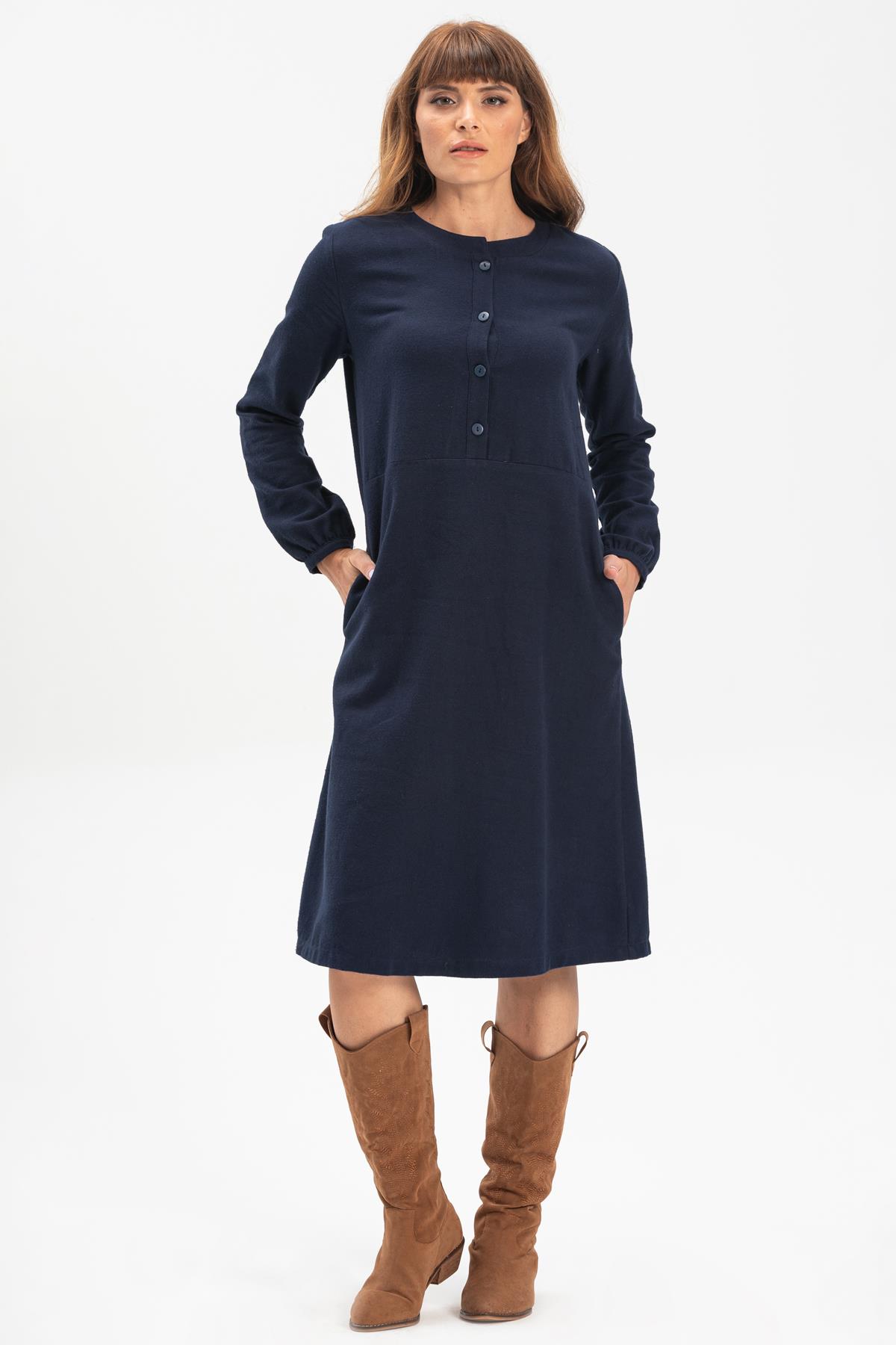 Long Sleeve Flannel Manolya Short Dress Navy Blue