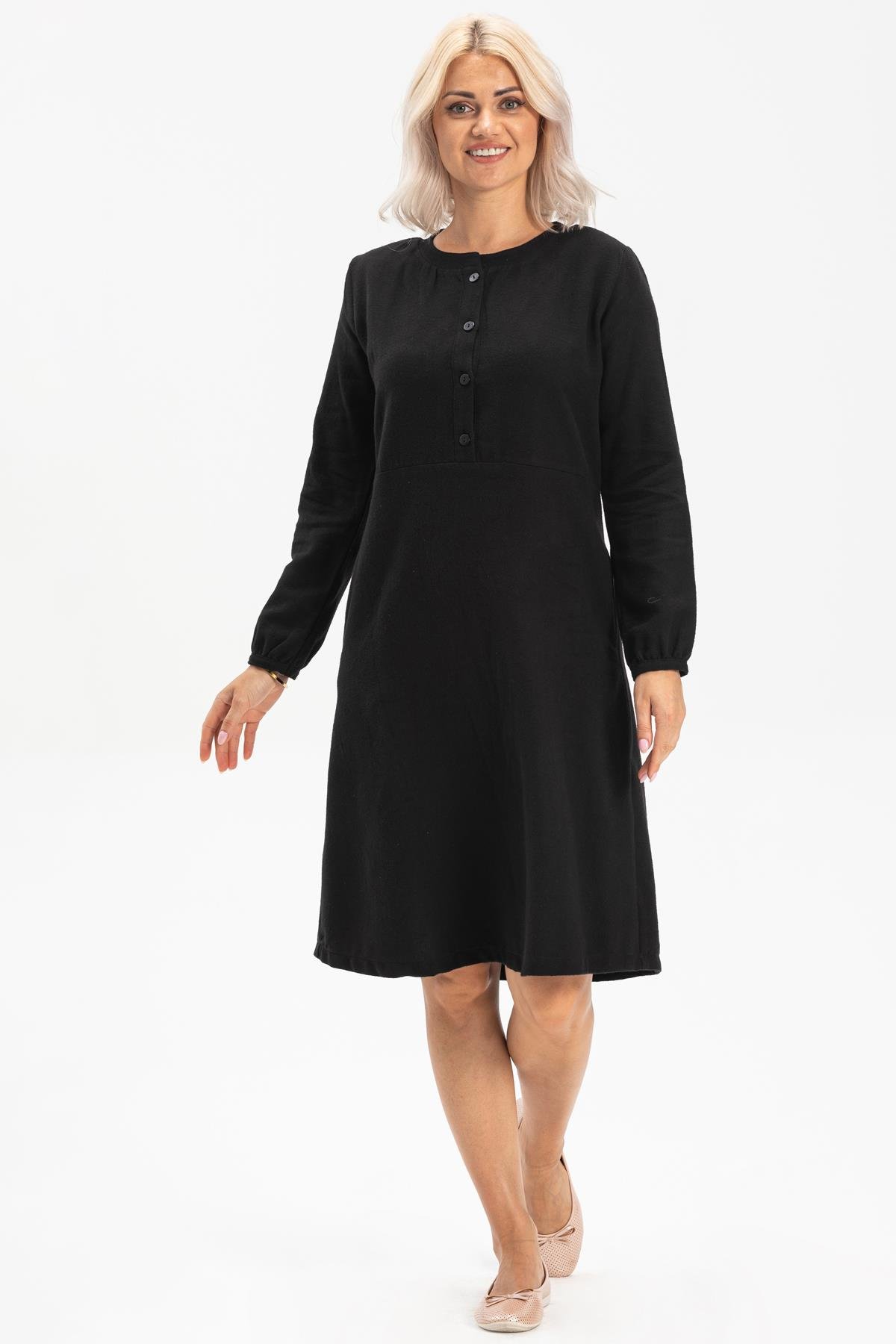 Uzun Kol Manolya Pazen Kısa Sonbahar ve Kışlık Elbise Siyah Syh