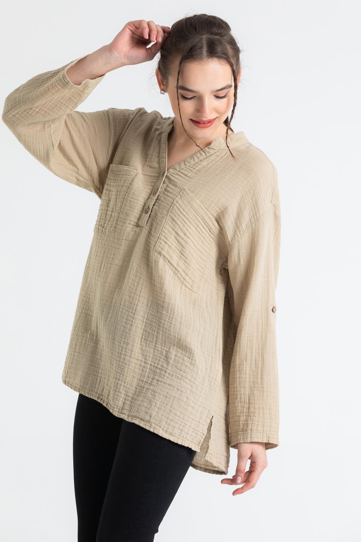 Uzun Kol Müslin Asu Bluz Vizon Vzn