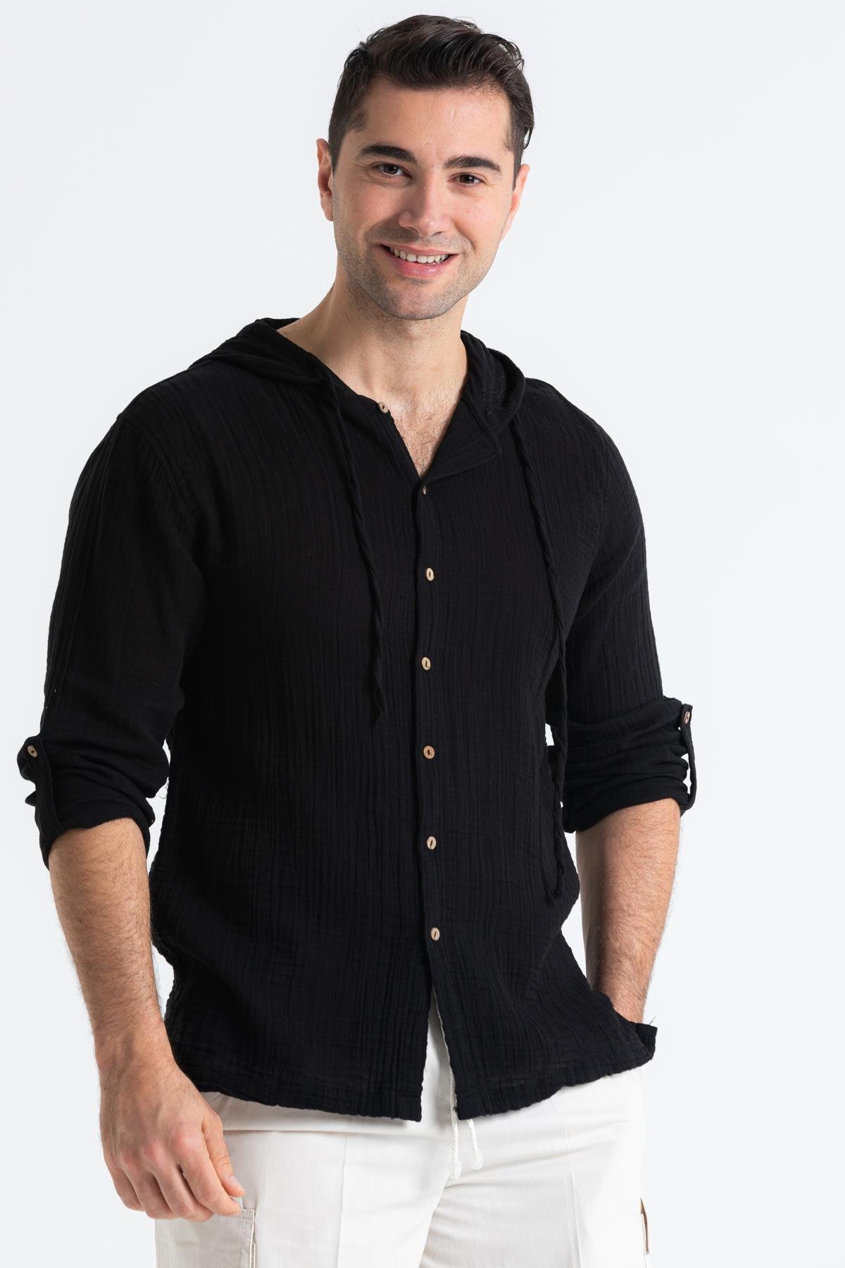 Uzun Kol Müslin Erkek Kapüşonlu Sweatshirt Siyah Syh