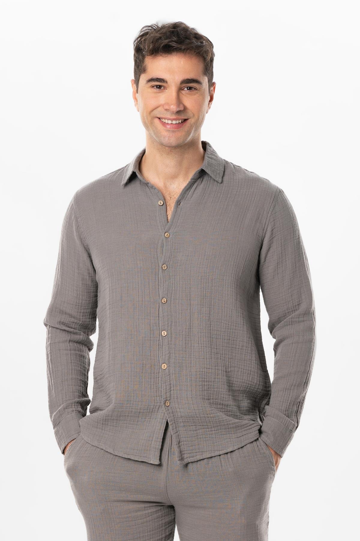 Long Sleeve Muslin Summer Men's Shirt Gray 