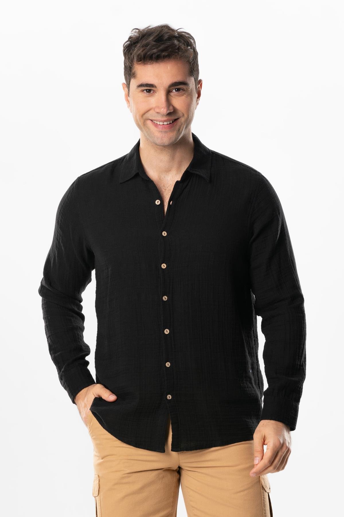 Long Sleeve Muslin Summer Men's Shirt Black