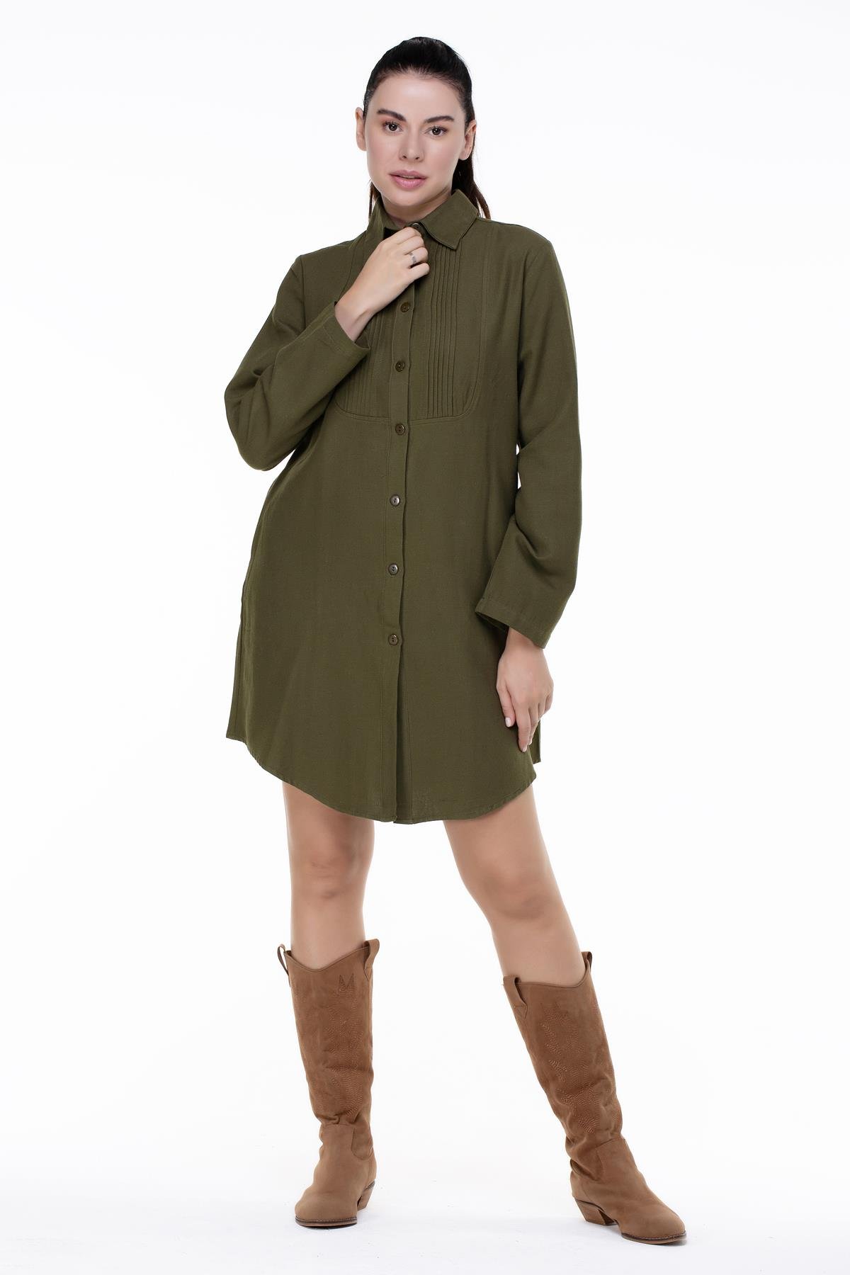 Uzun Kol Nuray Baskılı Pazen Tunik Haki Hk