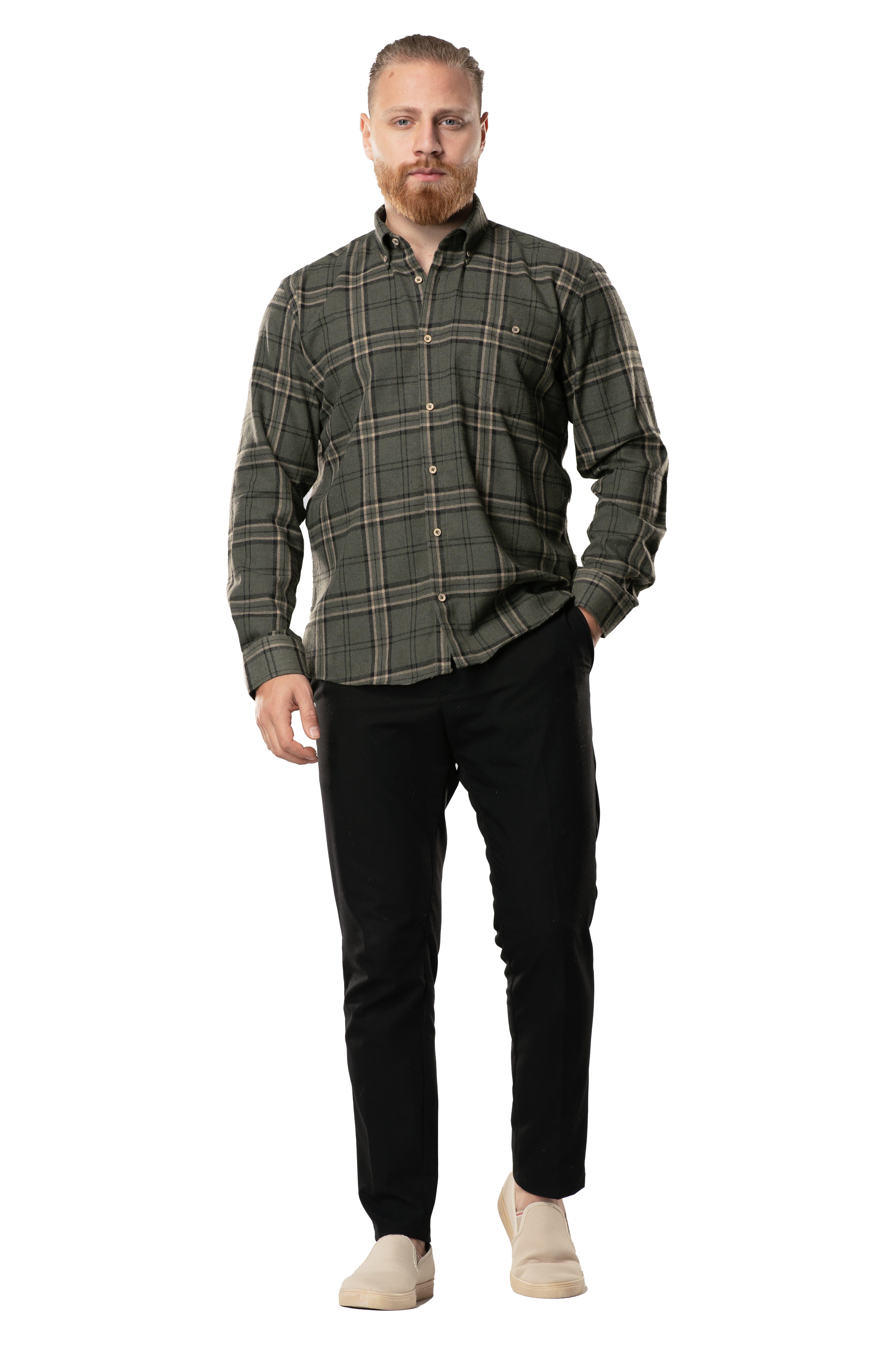 Uzun Kol Oduncu Erkek Pazen Sonbahar ve Kışlık Gömlek Haki Ekose 4044