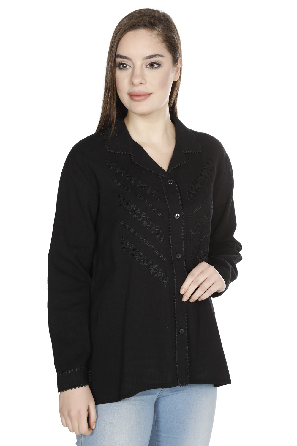 Long Sleeve Sile Fabric Oyalı Verev Blouse Black
