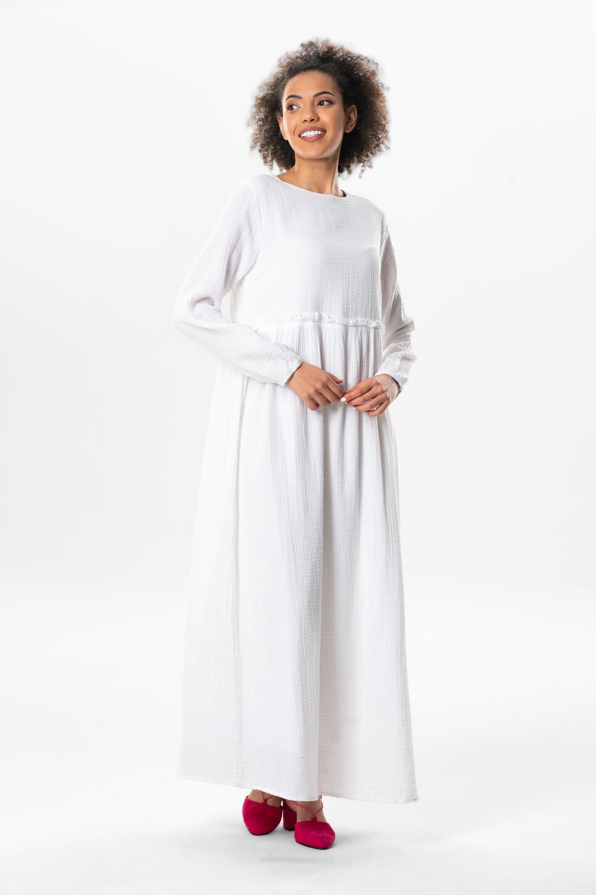 Long Sleeve Oylum Robe Long Summer Muslin Dress White