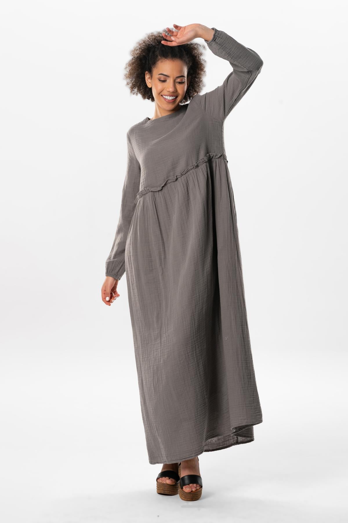Long Sleeve Oylum Robe Long Summer Muslin Dress Gray