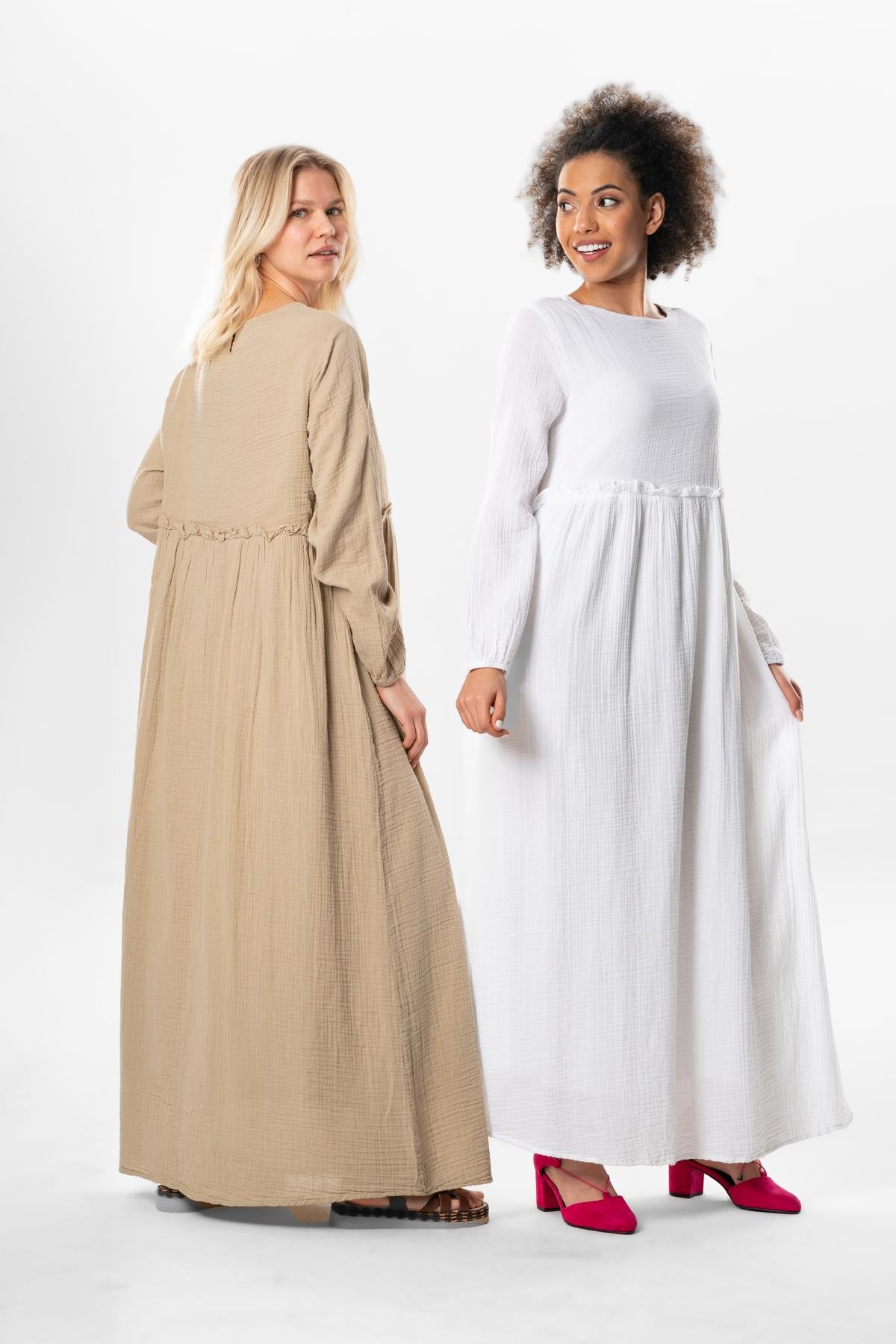 Long Sleeve Oylum Robe Long Summer Muslin Dress White