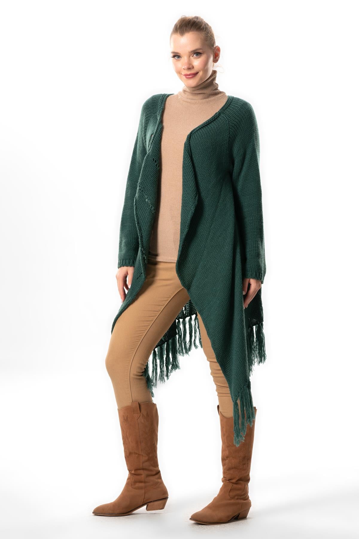 Long Sleeve Parla Button Detailed Fall and Winter Fringed Sweater Cardigan Green
