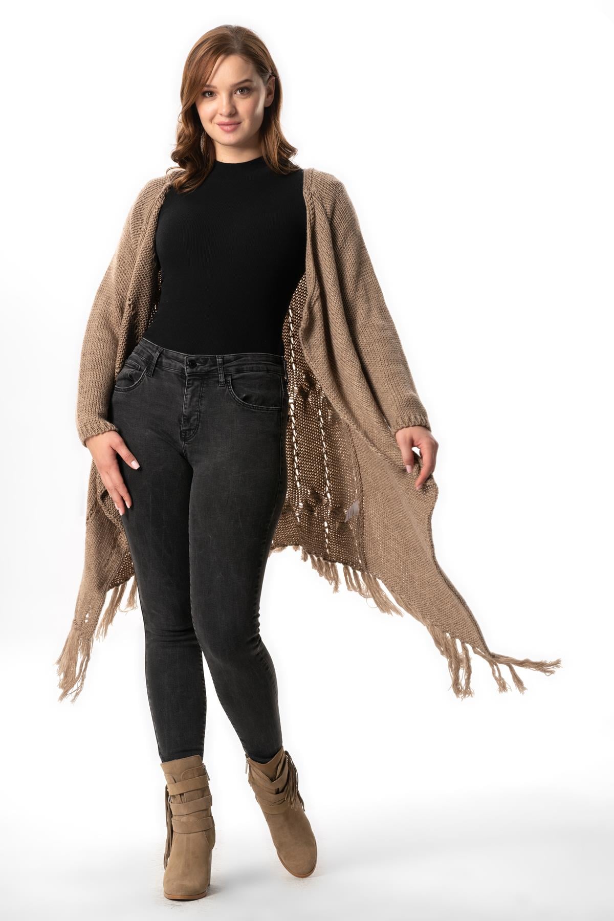 Long Sleeve Parla Button Detailed Fall and Winter Fringed Sweater Cardigan Mink