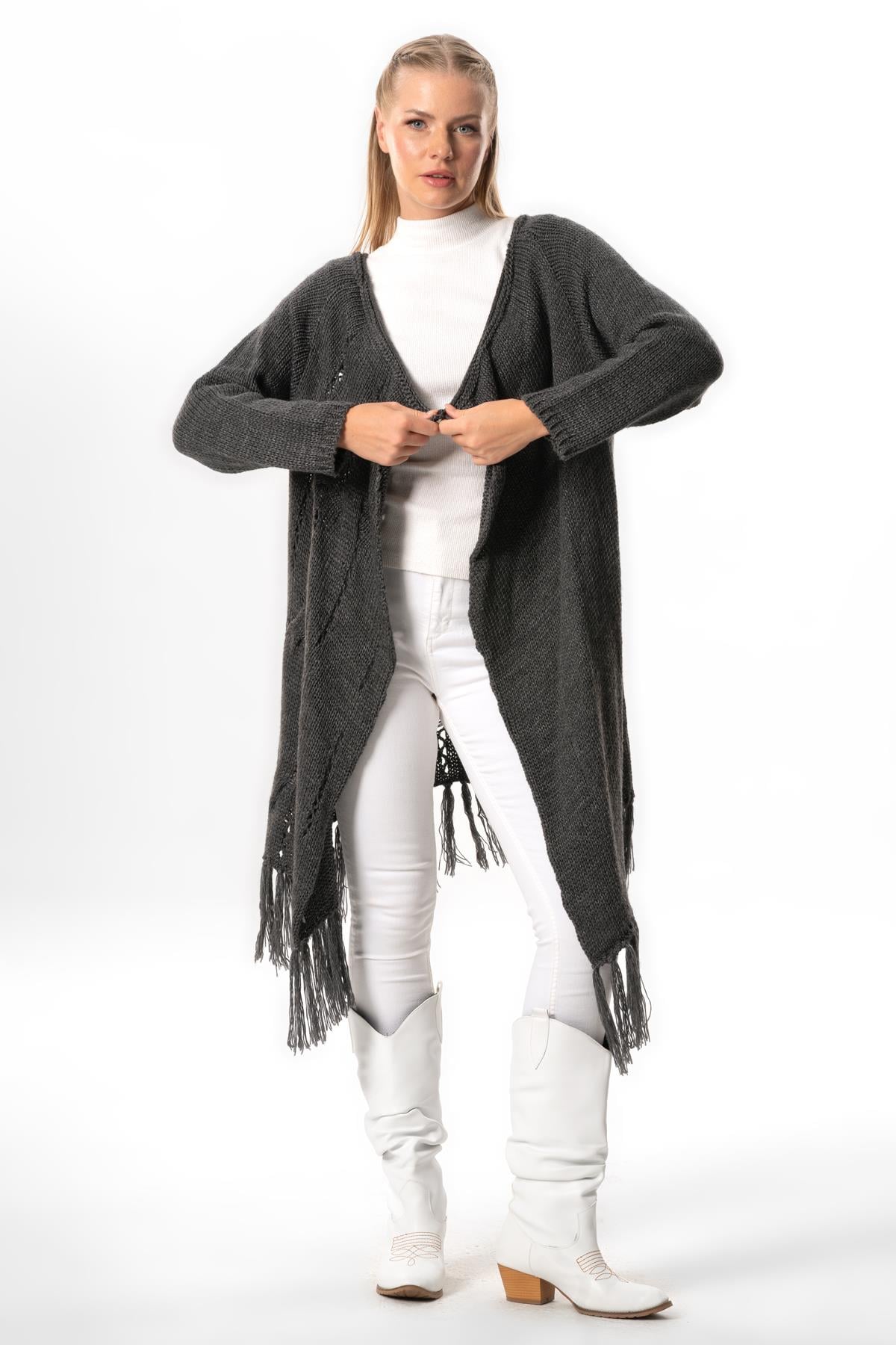 Long Sleeve Parla Button Detailed Fall and Winter Fringed Sweater Cardigan Smoked