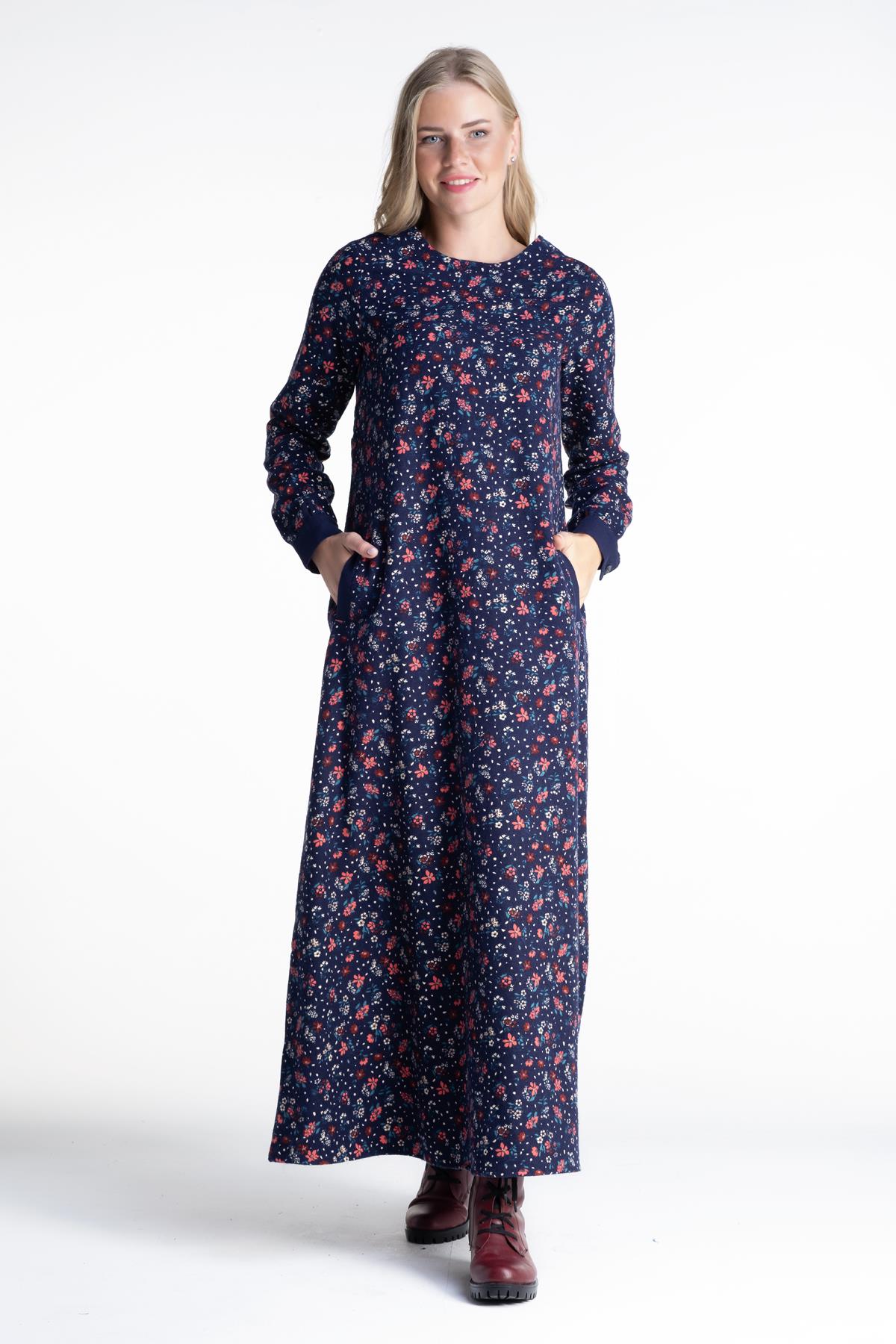 Long Sleeve Flannel Adel Flower Pattern Autumn and Winter Long Dress Navy Blue