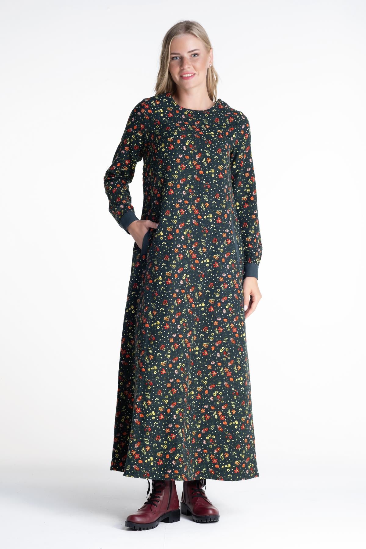 Long Sleeve Flannel Adel Flower Pattern Autumn and Winter Long Dress Petrol