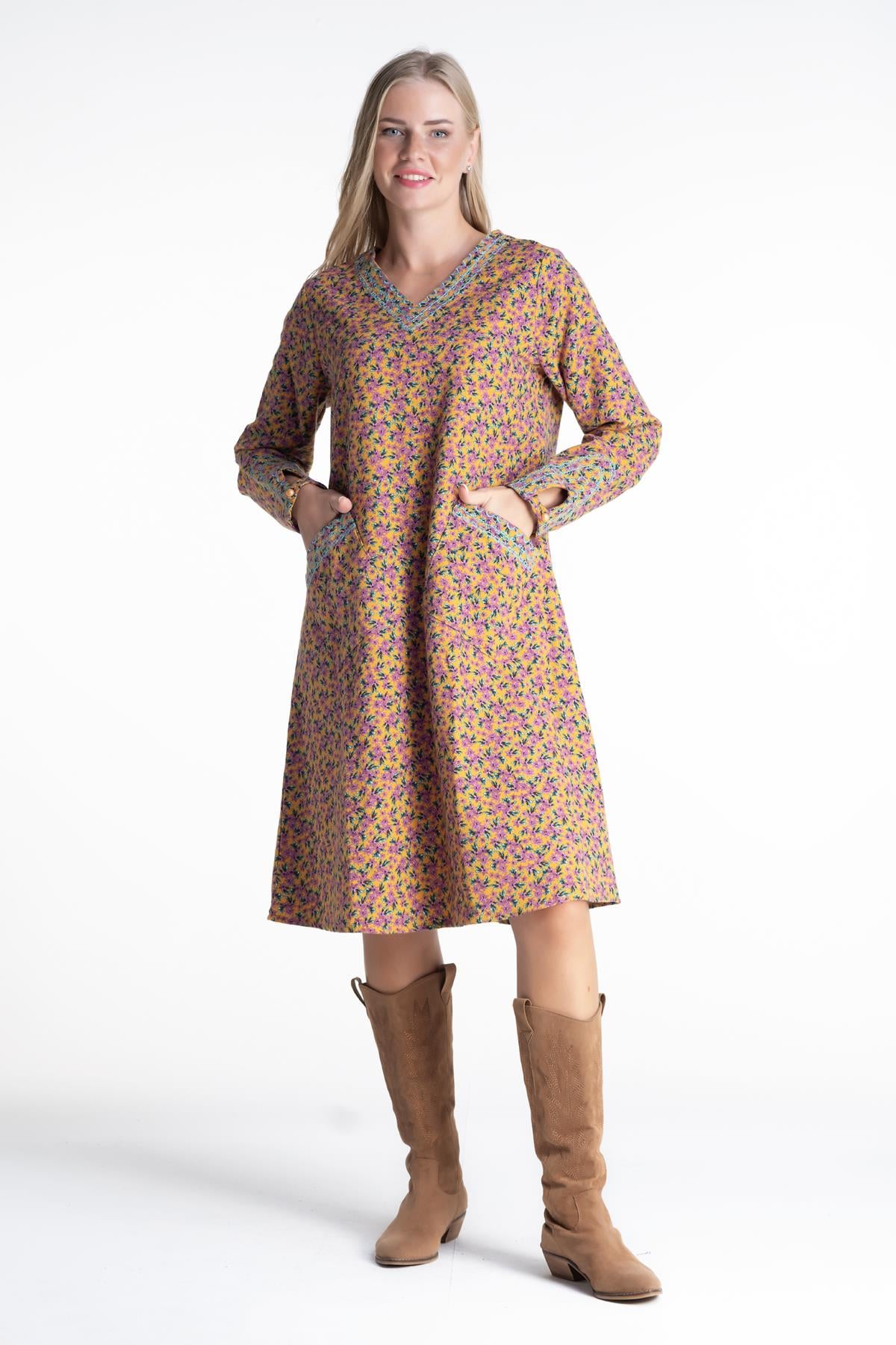 Long Sleeve Flannel Lina Flower Pattern Midi Length Autumn and Winter Dress Mustard