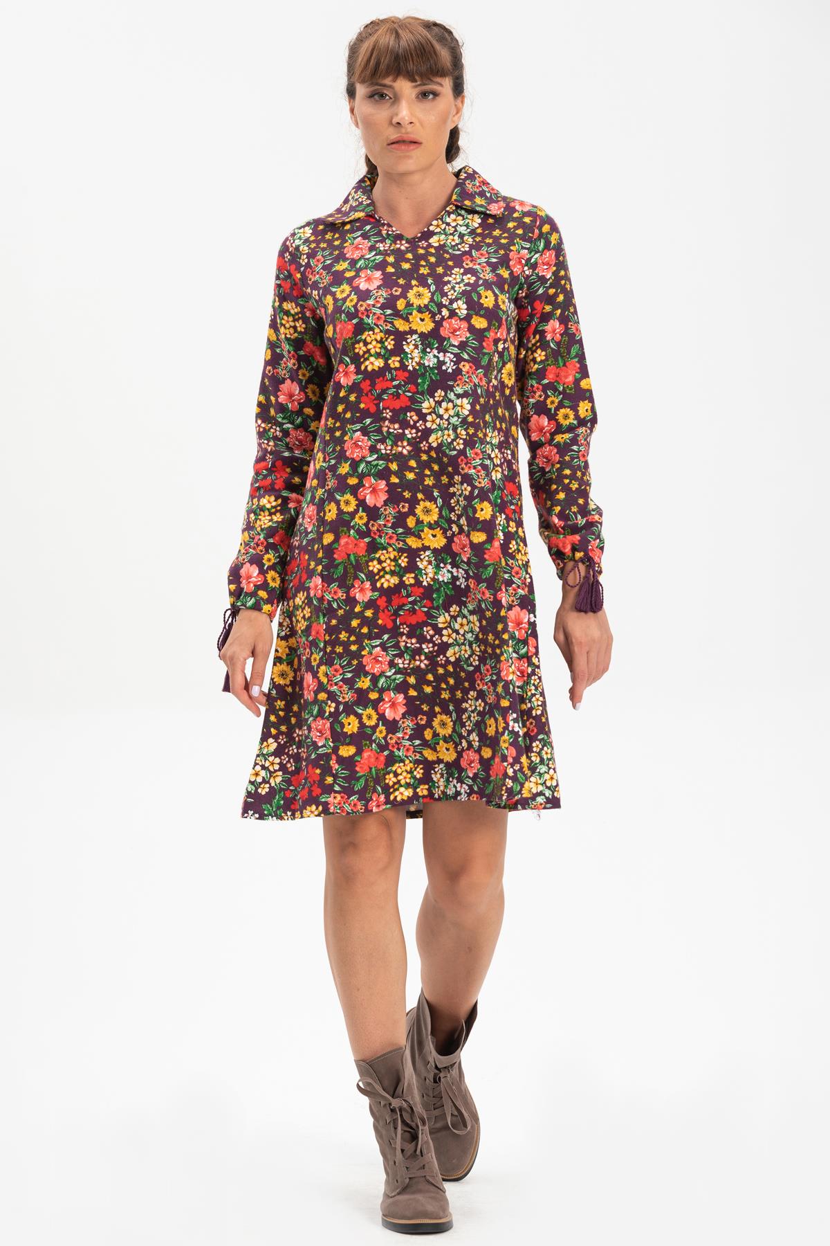 Long Sleeve Flannel Necla Short Dress Spring Pattern Purple