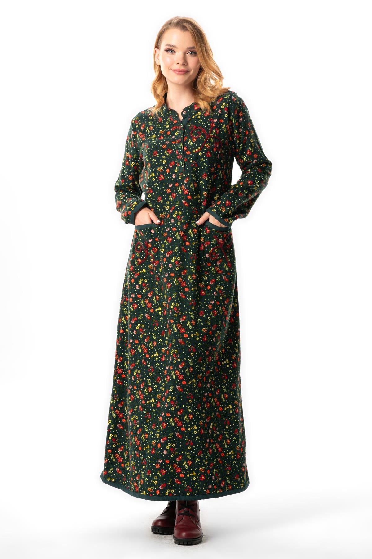 Long Sleeve Flannel Yldz Bud Pattern Long Autumn and Winter Dress Green |  silemoda.com