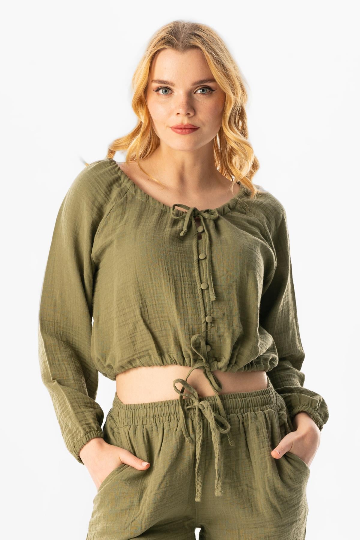 Long Sleeve Muslin Rana Ruffle Detailed Blouse Khaki